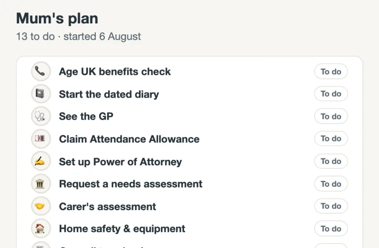 A care plan headed Mum's plan: thirteen steps, each marked To do.