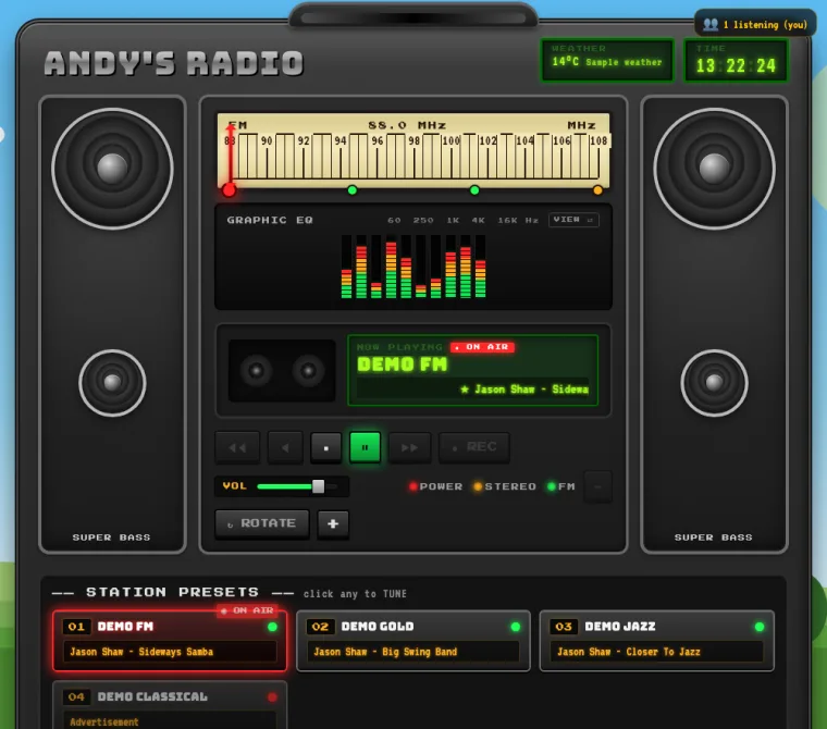 Retro boombox dashboard: a station tuned and playing, with a grid
              of station presets under it.